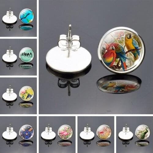 Blue Birds on A Branch Pink Flowers Stud Earring Women Glass Cabochon Jewelry Earings Girl Gifts Fashion Accessories Earring