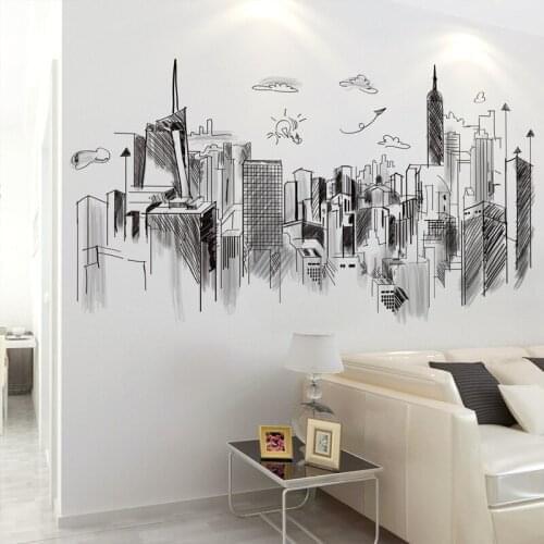 [SHIJUEHEZI] Black Buildings Wall Stickers DIY Architecture Mural Decals for House Living Room Teen Bedroom Office Decoration