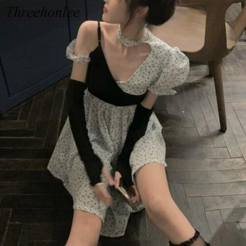 Korean Chic Womens Dress Summer 2021 Design French Vintage Lolita Floral Mini Chiffon Dresses Ladies Party Vestidos