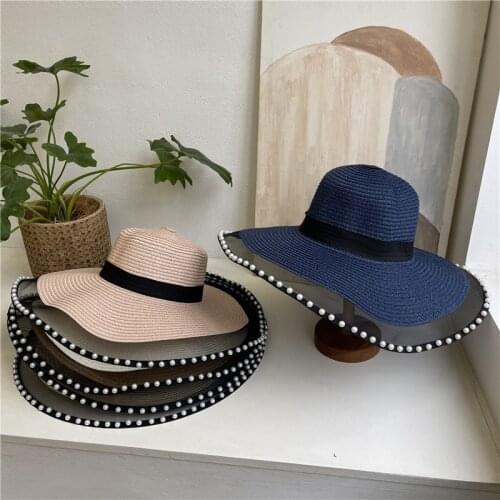 Womens Summer Hat Pearl Bordered Sun Protection Cap Female Dome Big Wide Brim Hat Straw Hat Beach Hat Seaside Holiday Sun Hats