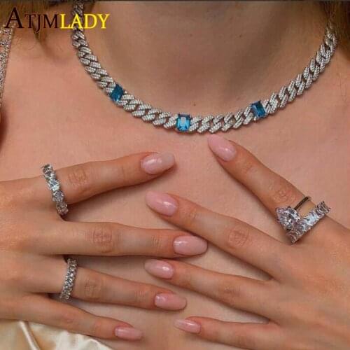 Iced out bling jewelry clear blue color 5A cz cuban link chain choker necklace for women girls hip hop cuban choker jewelry