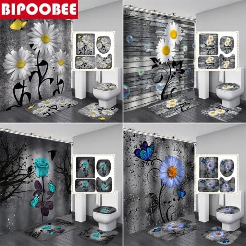 Butterfly Flower Bathroom Curtain Set Beautiful Rose Bath Mat Sets Shower Curtains with Hooks Non-Slip Pedestal Rug Toilet Cover