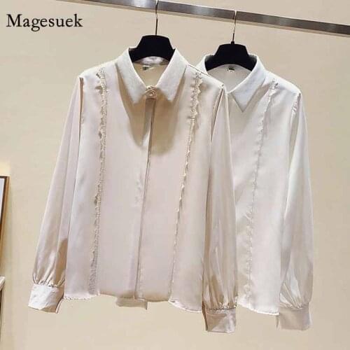 New Fashion Korean White Chiffon Blouse Women 2021 Lapel Long Sleeve Top Women Casual Slim Cardigan Button Up Shirt Blusas 11928