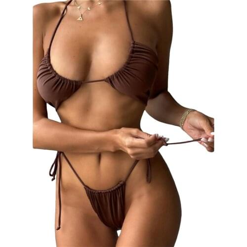 Women’s Two Piece Bikini Suits Sexy Solid Color Halter Tops and Tie-up Mid-waist Thong Bikinis 2021 Mujer Swimming Costume