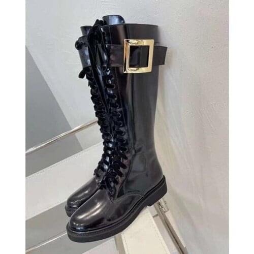 Natural Genuine Leather Block Heels Riding Boots Women Long Boots Shoes Mid Heel Knee High Boots Autumn Winter Black Cowboy