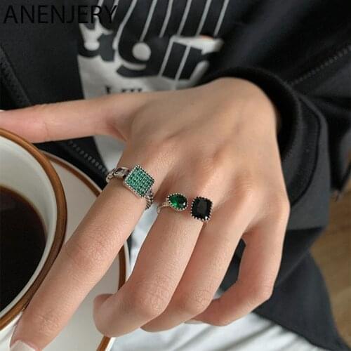 ANENJERY Vintage Green Black Stone 925 Sterling Silver Rings for Women Wedding Gift Luxury Daily Jewelry S-R950