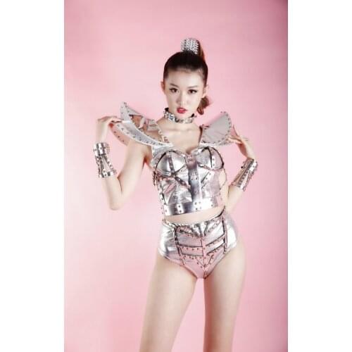 Women Bar Nightclub Female Singer Dance Team Concert Futuristic Silver Metal Piece Costume Suit Party Stage Costume Sexy Suit