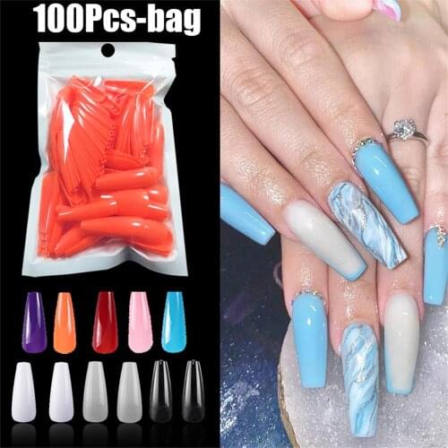 100/500pcs/Bag Candy Color Shiny False Nails Women Fashion Long Ballerina Coffin Shape Nails UV Extra Long Full Wrap Fake Nails