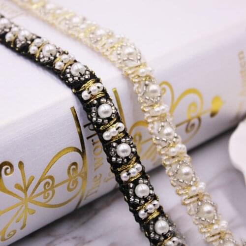 2Yards 1cm Beige Black Pearl Beaded Trims Lace Ribbon Fabric Clothes Decoration Wedding Dress Collar Sleeve Lace Applique Crafts