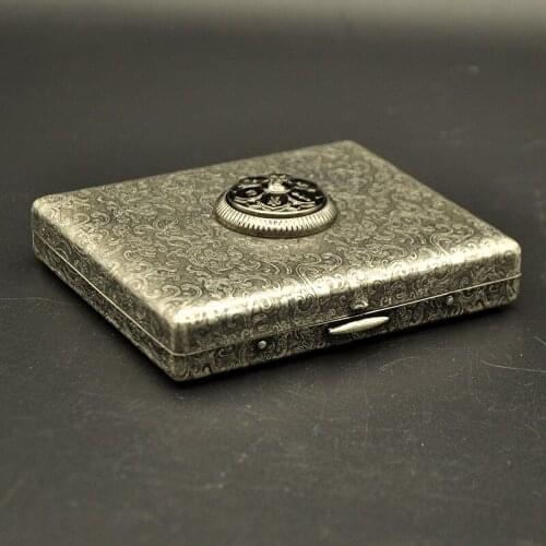 20 Carving Rich Peony Pattern Cigarette Cases Antique Silver Knurled Flower Six-character Mantra Turn Beads Smoking Storage Box