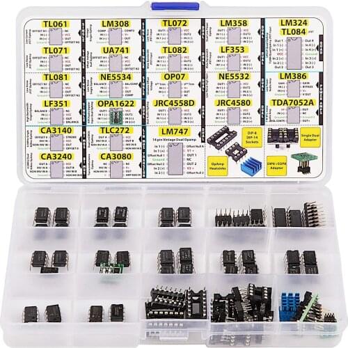 OpAmp Assortment 70 pcs incl. Sockets, TL061 TL071 TL081 UA71 LM308 LF351 LF353 NE5534 TL084 OPA1622 LM324 TL072 TL082 LM358