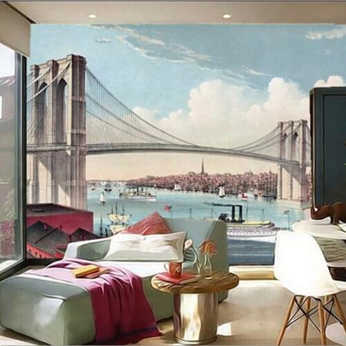 Custom 3D large mural,NewYorks brooklyn bridge hand-painted illustrations papel de parede,living room TV wall bedroom wallpaper