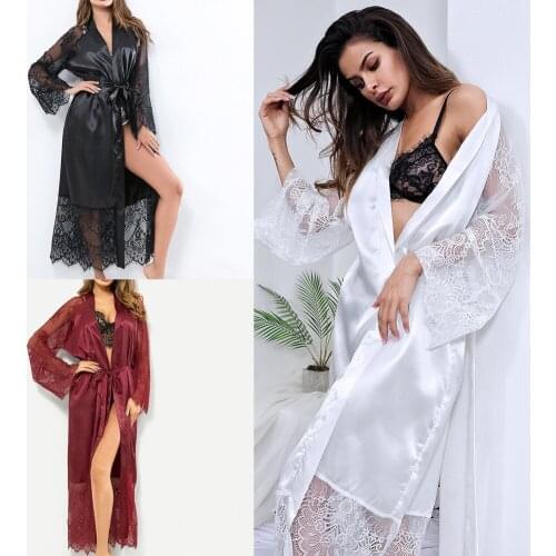 Hirigin High Quality Black Women Satin Rayon Robe Sexy Long Lingerie Sleepwear Kimono Yukata Nightgown Belt Simulation silk gown