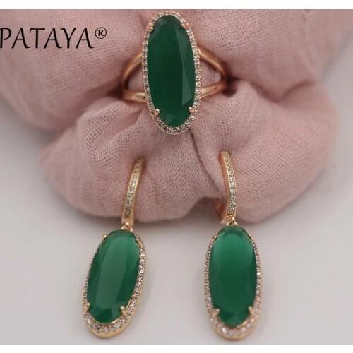 PATAYA New Women Wedding Vintage Jewelry Set 585 Rose Gold Trend Jewelry Sets Green Natural Zircon Oval Long Earrings Ring Sets