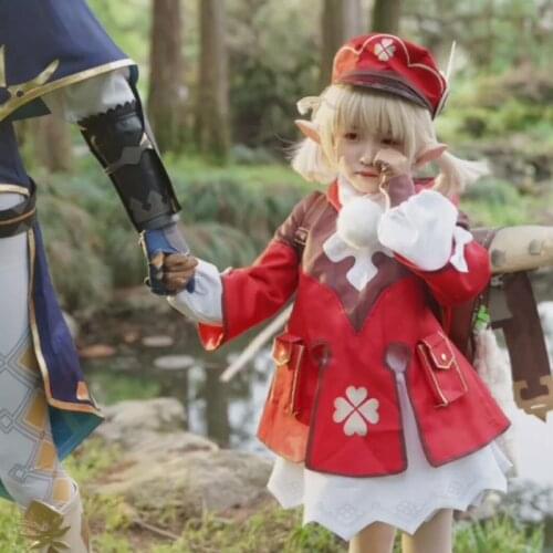 Game Genshin Impact Klee Cosplay Costume Wigs Cap Anime Clothes Halloween Costume for Kids Lolita Dress Sweet Uniform Red Dress