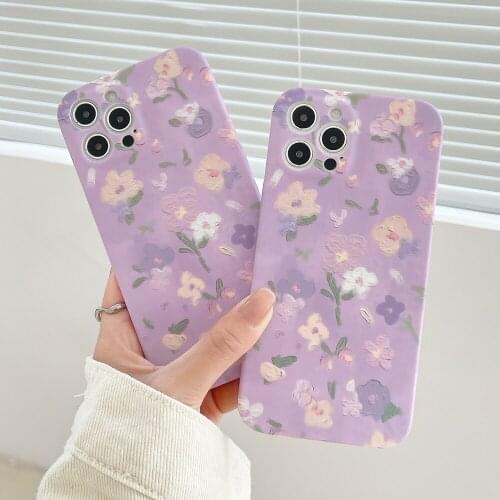 Oil painting flowers Soft Silicone Cases For iphone 11 12 Pro Max XR X XS Max 7 8 Plus Cute floral Phone Case Purple Cover ins