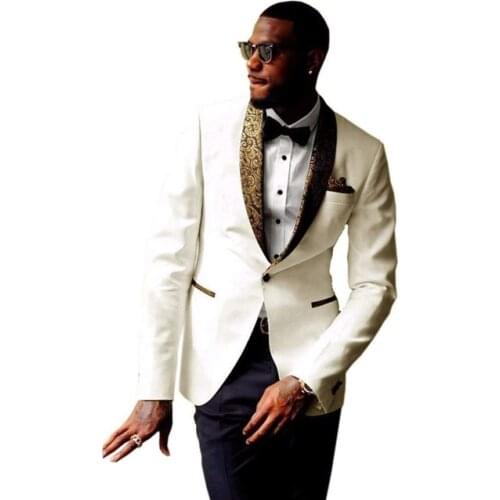 Latest Coat Pant Deisigns Men Suits 2021 Groomsmen Gold Floral Shawl Lapel Groom Tuxedos Ivory Men Wedding Suits Best Man Blazer