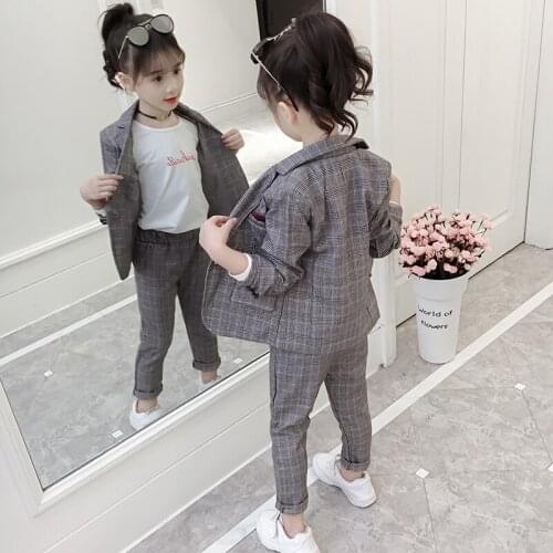 New Girl Casual Plaid Suit 2 Pcs 2018 Spring Autumn Childrens Formal Clothes Female Kids Korean Leisure Jacket + Pants Set B67