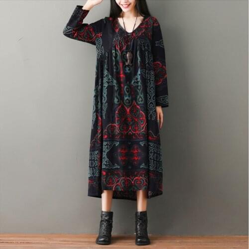 Cotton Linen Long Dress Femme Vestidos Spring Autumn New Arts Style Women Long Sleeve Loose V-Neck Dresses Vintage Print