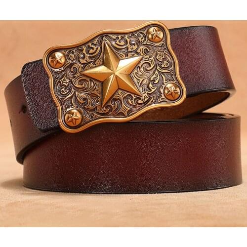 Large Plus Size 130 140 150cm Men Real Genuine Leather Belt for Men Cowskin GoldSilver Star Buckle Belt Famous Brand Design Jean