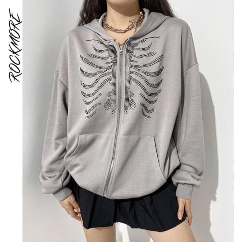 Rockmore Rhinestone Skeleton Oversized Hoodie Goth Zip Up Hoodies Women Hooded Jacket Autumn y2k Streetwear Retro Grunge Clothes