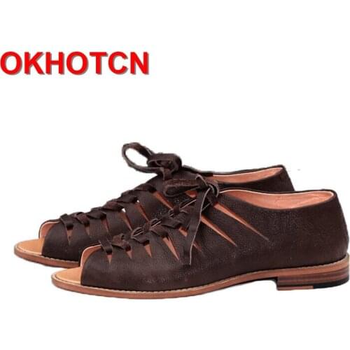 Roman Men Sandals Leather Summer Beach Shoes Europe New Fashion Breathable Casual Shoes Personality Open Toe Lace Up Sandalias