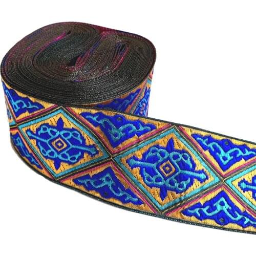 ZERZEEMOOY 2" 5CM 10 YARD Woven Jacquard Ribbon Trims Geometric Blue Totem Pattern For Curtain And Clothing Accessory