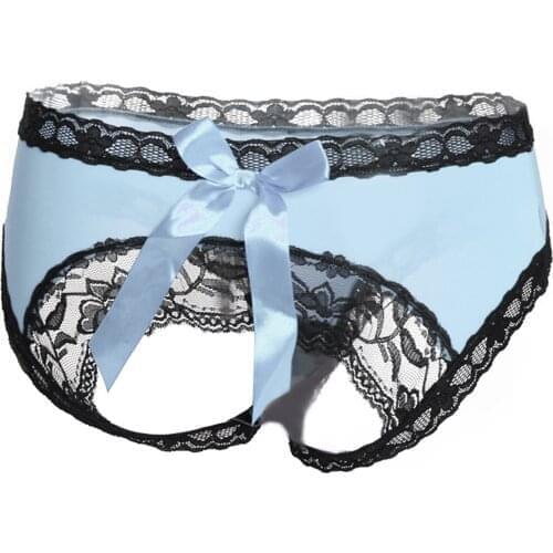 Womens Hollow Out Semi Bowknot Back Underwear Floral Lace Trim Brief Low Rise Open Butt Crotchtless Panties Lingerie Underpants