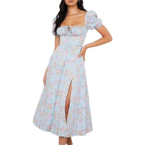 2021 Women Small Floral Slit Dress Floral Printed Pattern Square Collar Short Sleeve Long Skirt, Light Blue/ White