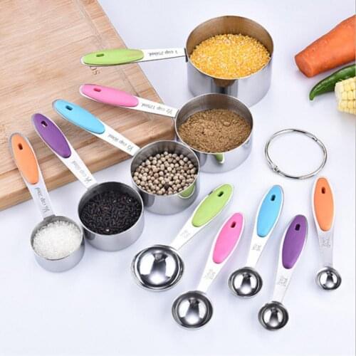 10Pcs Measuring Cup Spoon Set Thick Colorful Stainless Steel Baking Kitchen Tools with Silicone Handles for Powder