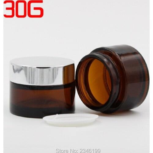 30G 30ML Amber Glass Jar with Gold Cap Silver Lid Black Lid, Dark Brown Glass Container, Ointment Packing Jar, 20pcs/lot