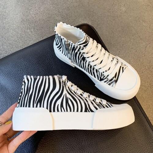 Canvas Shoes Women Ankle Boots High-cut Sneakers Basketball Shoes Zebra Platform Skate Sport Training Shoes Women Casual Shoes