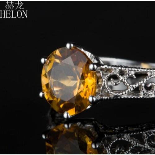 HELON Sterling Silver 925 Flawless Round 7.5mm 1.6ct Genuine Citrine Engagement Wedding Ring Women Trendy Vintage gemstone Ring