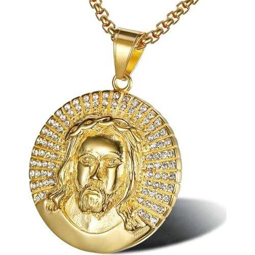 Hip hop round Jesus Pendant with A+++ zircon Gold Color Necklace For Men Stainless Steel Pendant Religious Jewelry Drop shipping