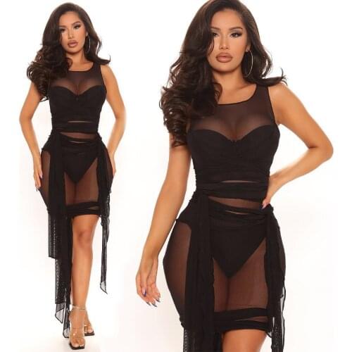 Fashion new Ribbons Mesh SeeThrough Bodycon PartyDressesWomen Sexy Clubwear MiniDress SolidSleeveless Basic Female платьеOutfits