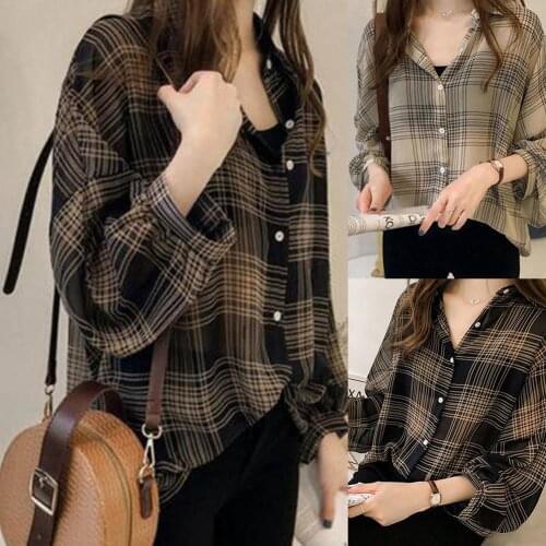 Fashion Shirts For Women Spring Autumn Long Sleeve Button up Plaid Shirt Loose Blouse Top Casual Loose Shirt Collared Tops