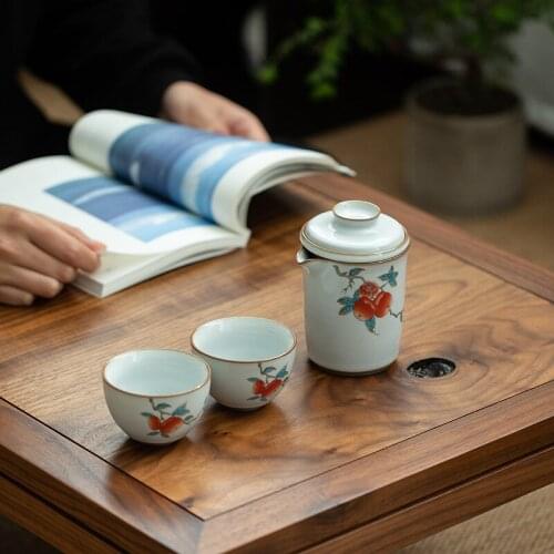 Yuebai Ru Kiln Portable Kung Fu Tea Set Travel 1Pot 2Cup Outdoor Quick Passenger Cup Ceramic tea pot and cup set