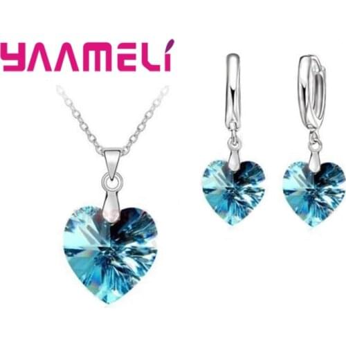 Love Heart Shape Women 925 Sterling Silver Bridal Jewelry Set For Wedding Fashion Crystal Pendants Necklaces Earring Set
