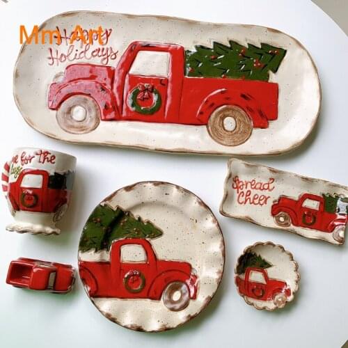 Christmas Vehicle Series Pure Hand Drawing Three-Dimensional Relief Sesame Glazed Car Small Plate Long Platter