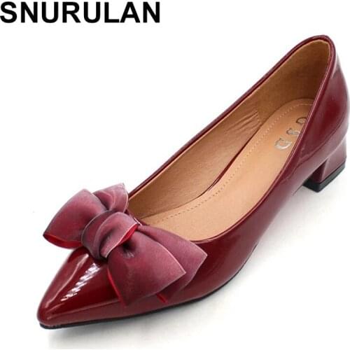 SNURULAN Newest Low Heel Pointed Toe Patent Leather Pumps Fashion Bowknot Spring Autumn Shallow Mouth Office Women Shoes 3cmHeel