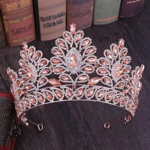 New Vintage Baroque Tiara Crowns Queen King Bride Pink Crystal Crown Pageant Bridal Wedding Hair Jewelry Accessories