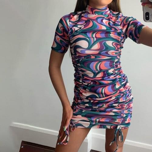 90s Vintage Tie Dye Paisley Print Mini Dress Y2K Summer Short Sleeve Skinny Ruched Dress Bodycon Chic Women Streetwear Clothes