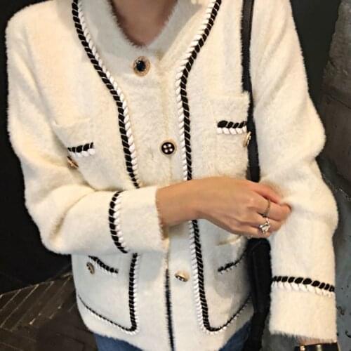 Women Jacket Button-up Soft Sweaters Vintage Faux Mink Cashmere Female Autumn Twist Chic Elegant Tops Knitted Cardigan