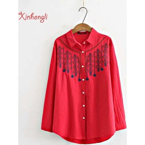 Plus size Embroidery cotton women loose blouse 2020 NEW spring autumn casual ladies red white navy shirts female tops oversize