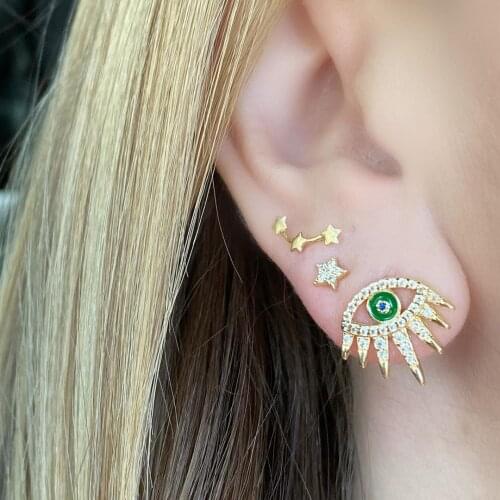 Simple Fashion Turkish Evil Eye Stud Earrings Paved With White And Green Cz Shiny Jewelry Dainty Design For Women Wedding Gift