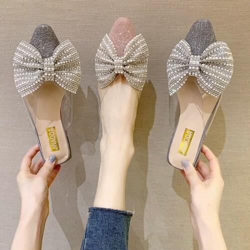 2020 Summer Women Slippers Pearl Slip on Flat Shoes Pointed Toe Bling Shoes Cute Bow Slipper Rhinestone Ladies Shoes