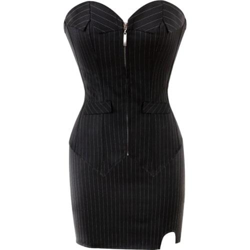 Womens Sexy Office Lady Style Striped Overbust Corset Professional Suit with Zipper One-step Narrow Skirt G-string Size S-6XL