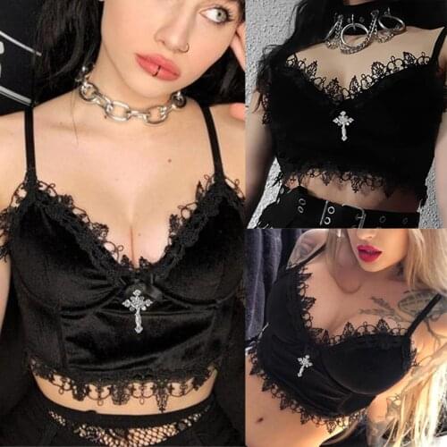Velvet Y2K Mall Goth Crop Tops Black Lace Trim Emo Alternative Aesthetic Crop Tops Women Backless Sexy Strap Tanks