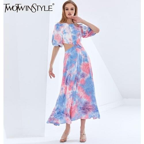 TWOTWINSTYLE Tie-dye Hit Color Womens Dress O Neck Puff Sleeve High Waist Hollow Out Summer Dresses Female 2021 Womens Clothing