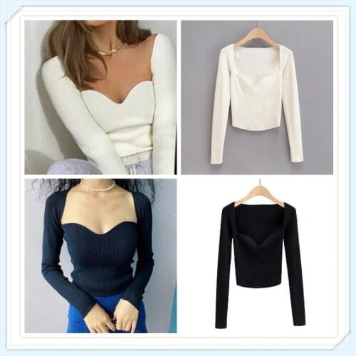 2021 Sexy Square Neck Ribbed Knitted Sweater Women Casual Long Sleeve High Stretch Pullovers Streetwear White Soft Basic Top